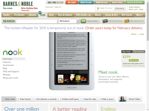 Screenshot of Barnes & Noble's NOOK landing page