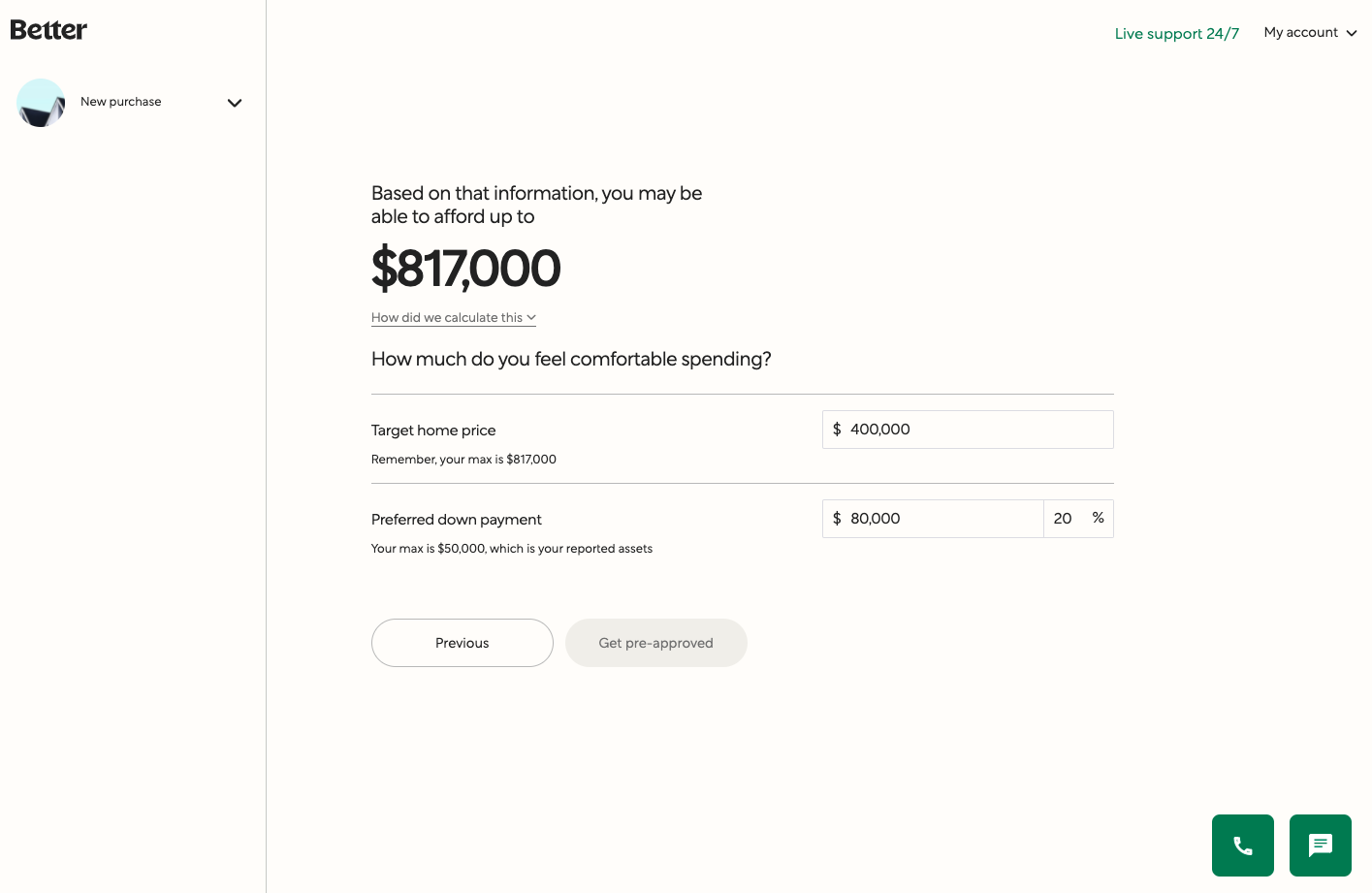 Screenshot of Better's affordability estimate