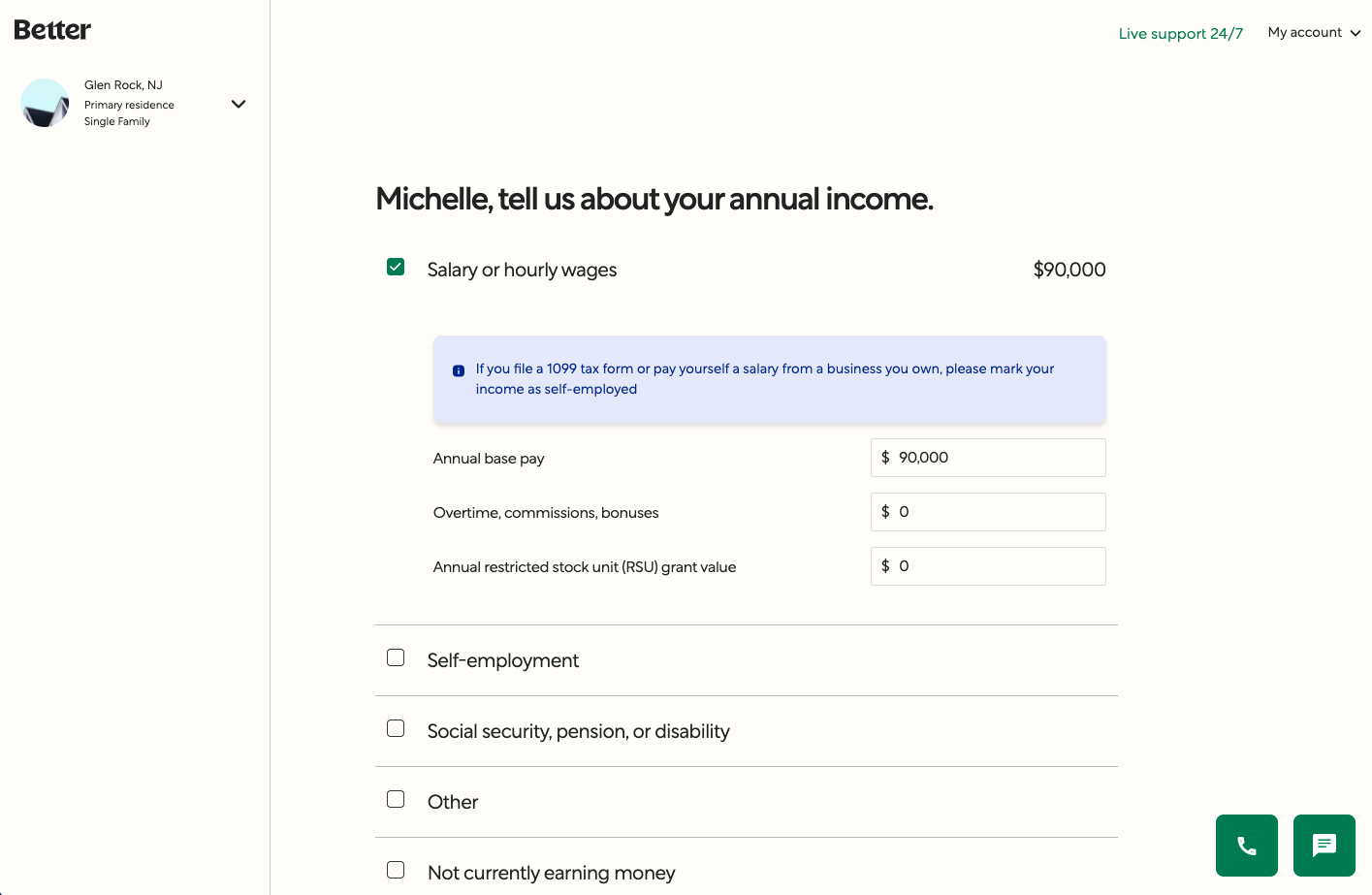 Screenshot of Better's preapproval prompting for income