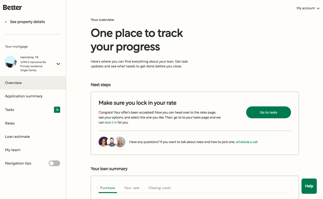 Screenshot of Better's overview page