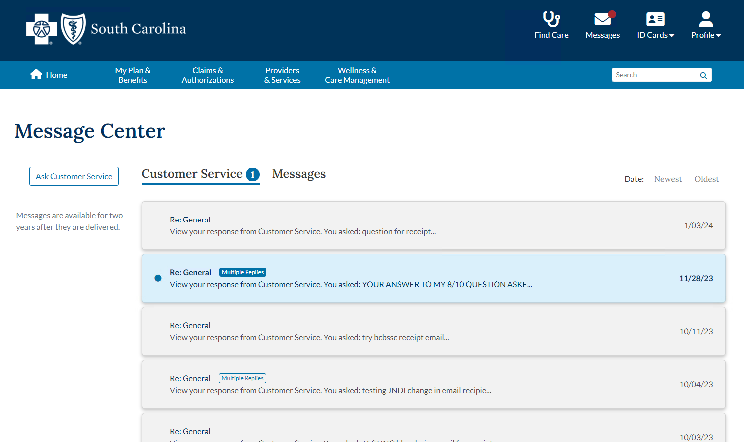 Screenshot of message center within the secure site of the My Health Toolkit app