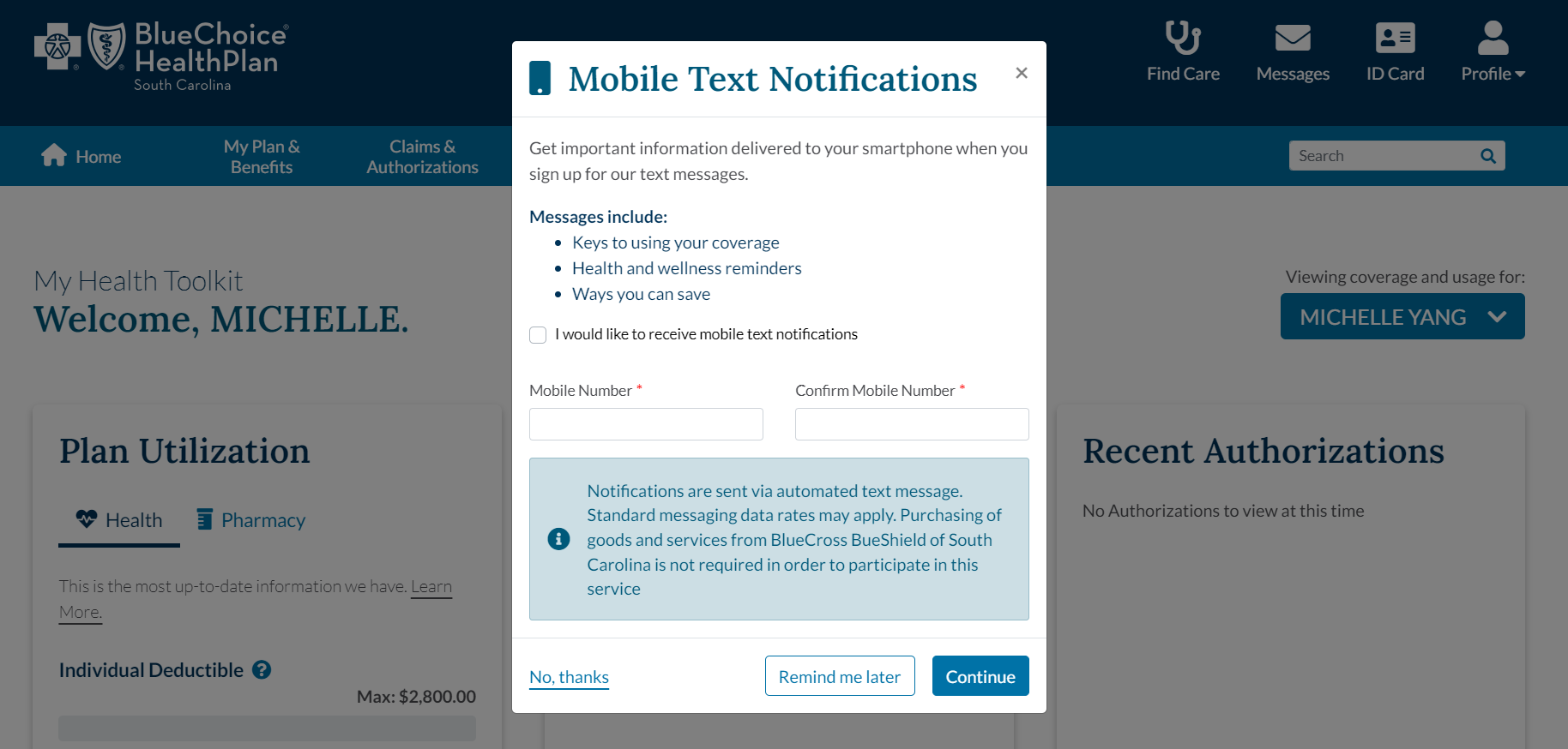 Screenshot of modal prompting user to sign up for mobile text notifications